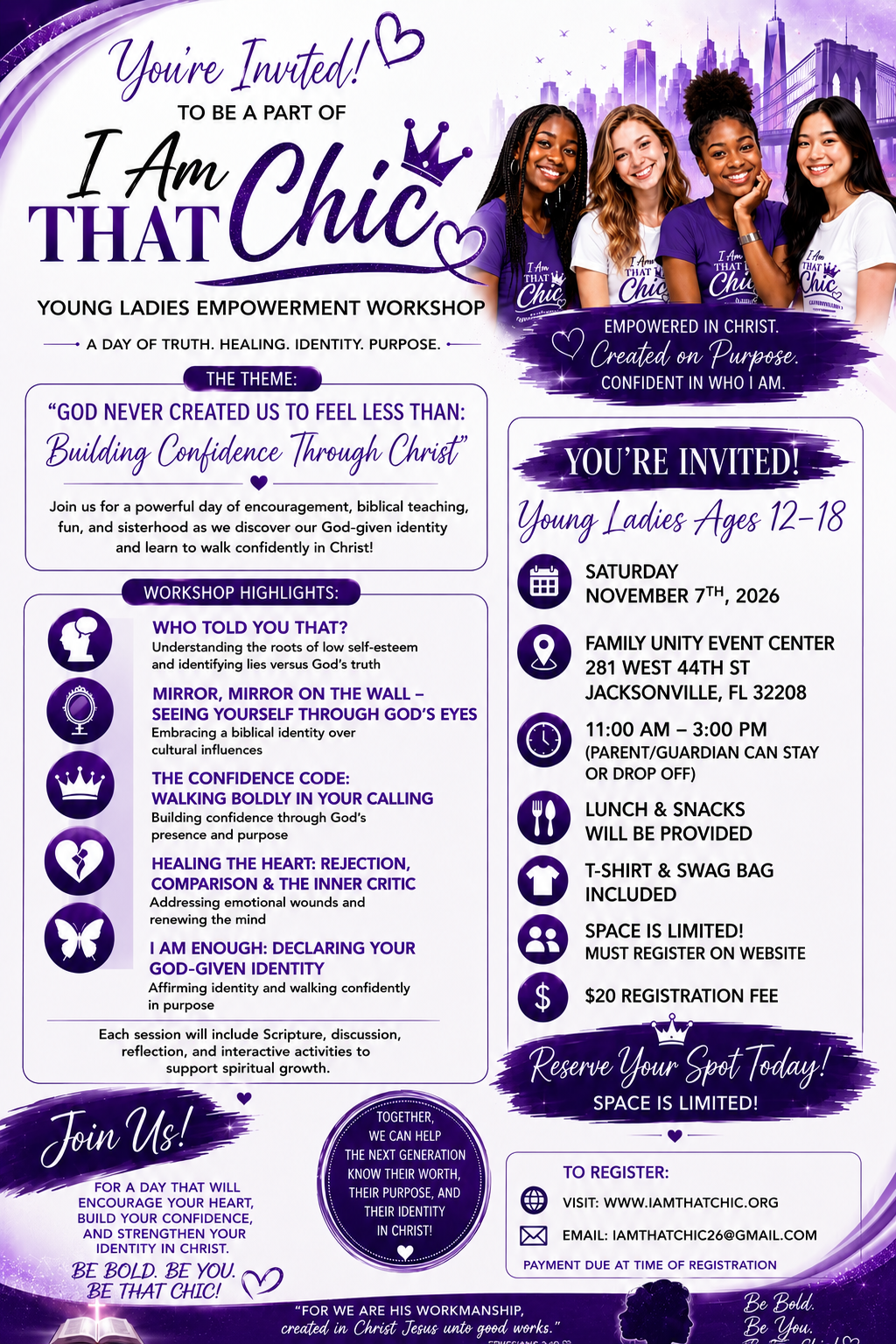 I Am That Chic Young Ladies Empowerment Workshop flyer — Saturday November 7, 2026, 11:00 AM to 3:00 PM, Family Unity Event Center, Jacksonville FL, $20 registration